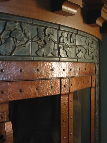 Craftsman ginkgo tile fireplace